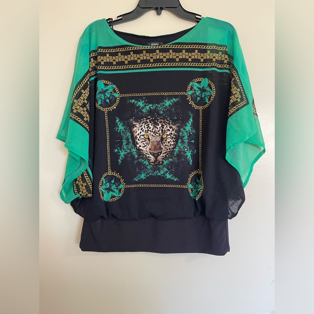 Alfani Sheer Oversized Sleeve Black & Green Leopard Design Blouse Top Sz M